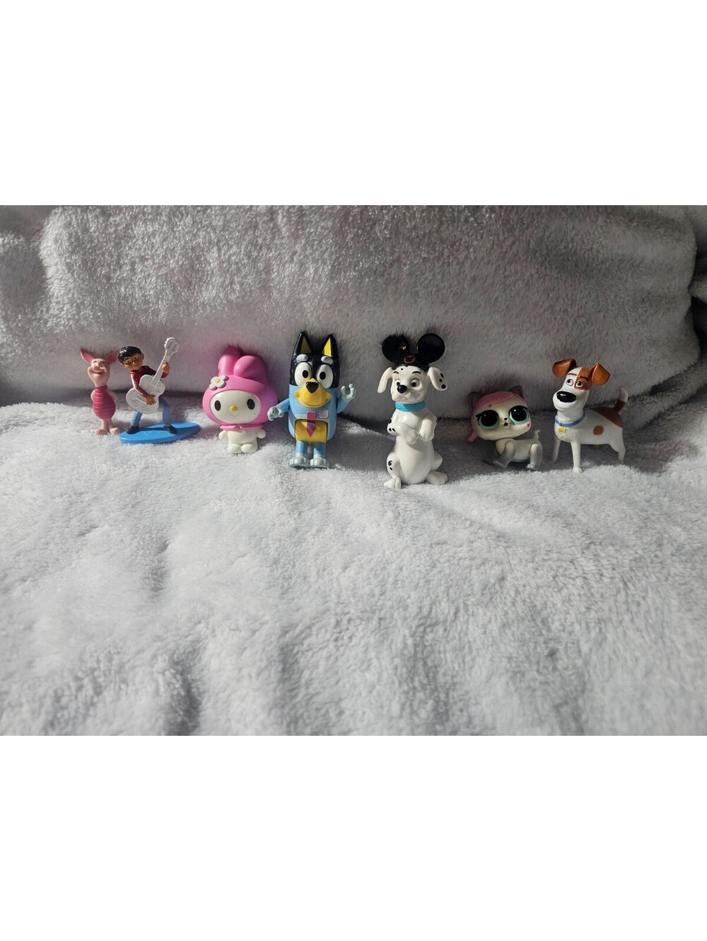 (7pc) Mixed Lot Toys Figures Plastic Bluey Hello Kitty Miguel Piglet Coco etc.